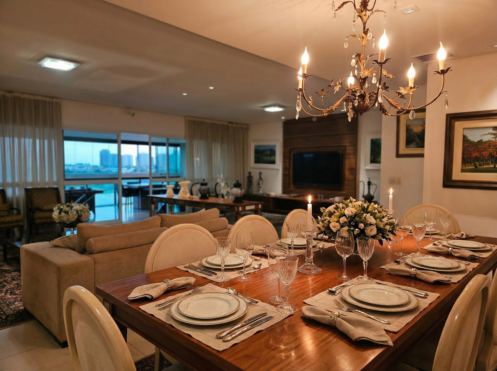 Sala de jantar com lustre e mesa farta à luz de velas