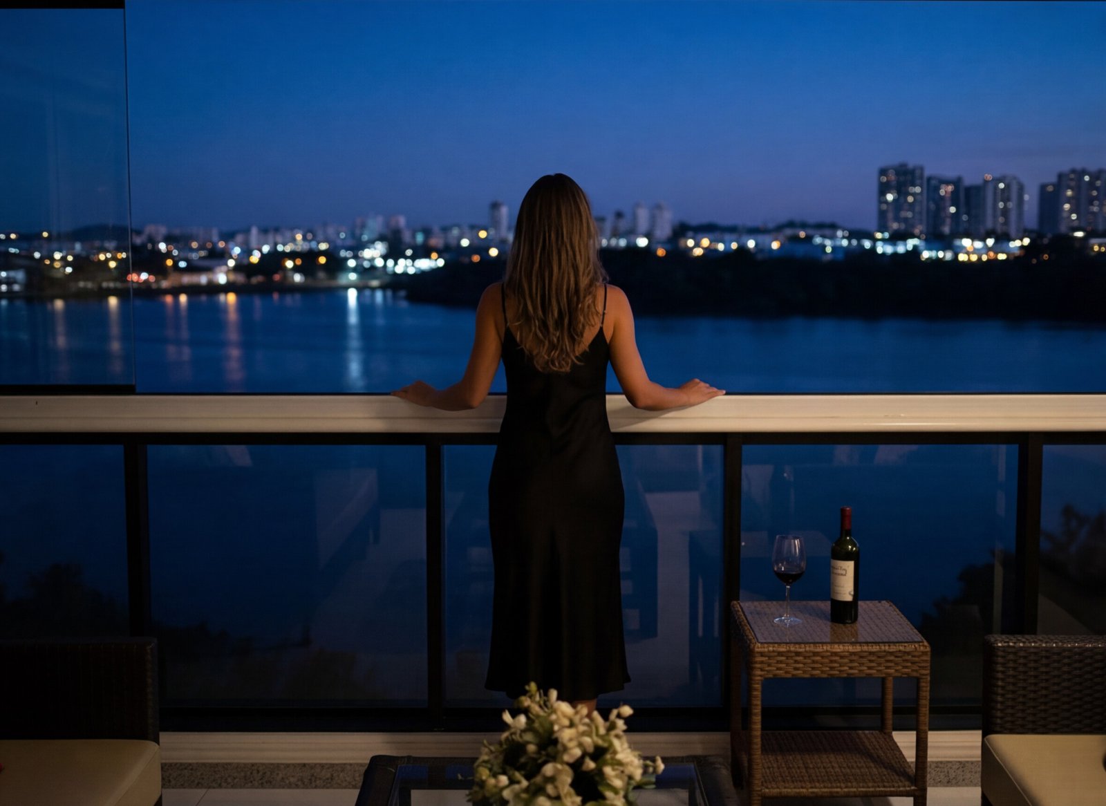 Varanda com vista panorâmica da Lagoa à noite